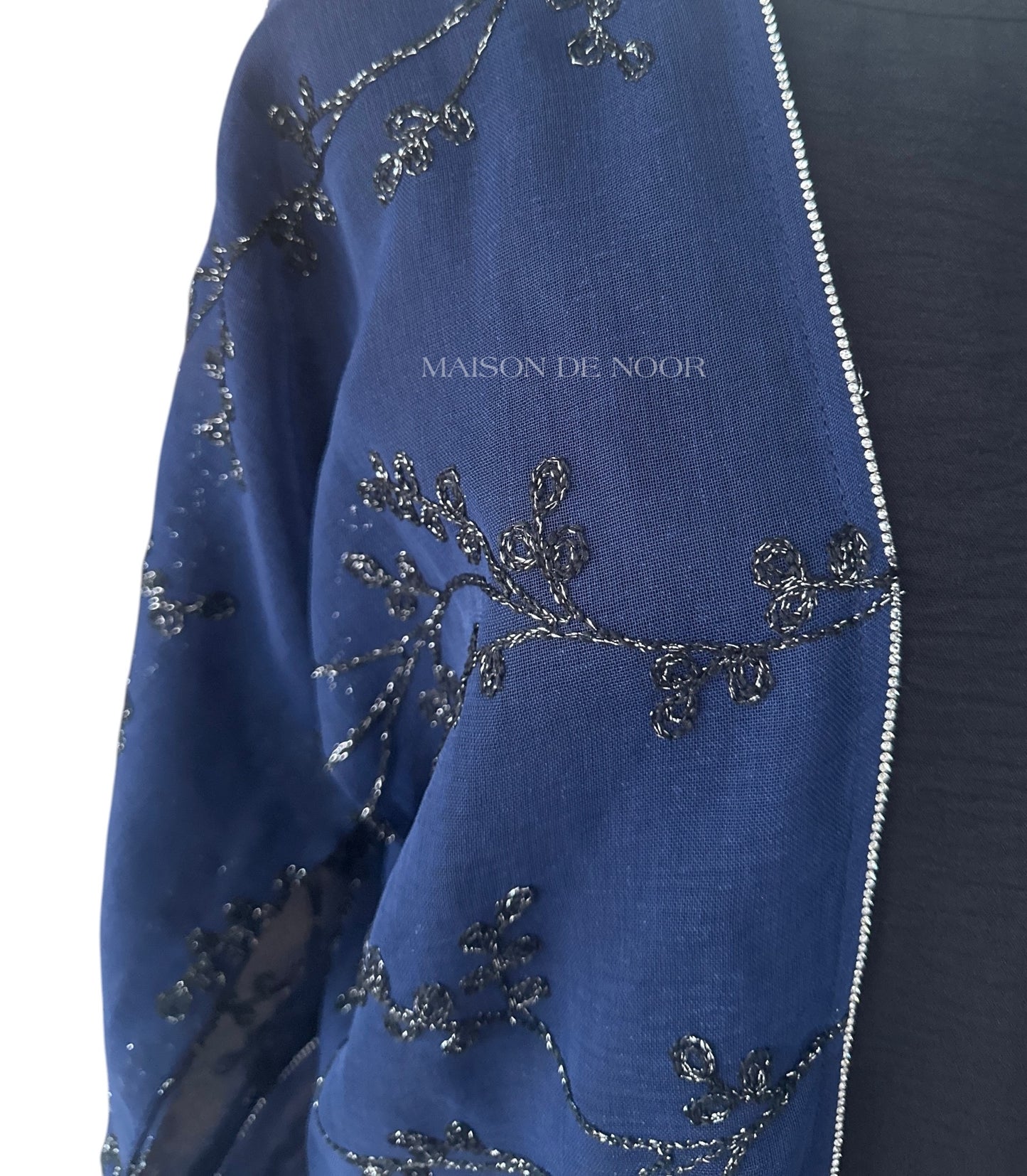 Sheer Organza Vine Embroidered Open Abaya - Dark Blue