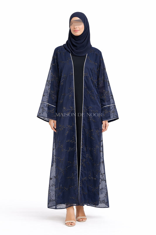 Sheer Organza Vine Embroidered Open Abaya - Dark Blue