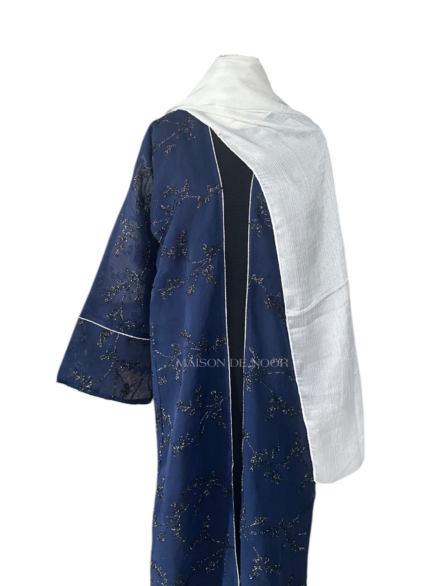 Sheer Organza Vine Embroidered Open Abaya - Dark Blue