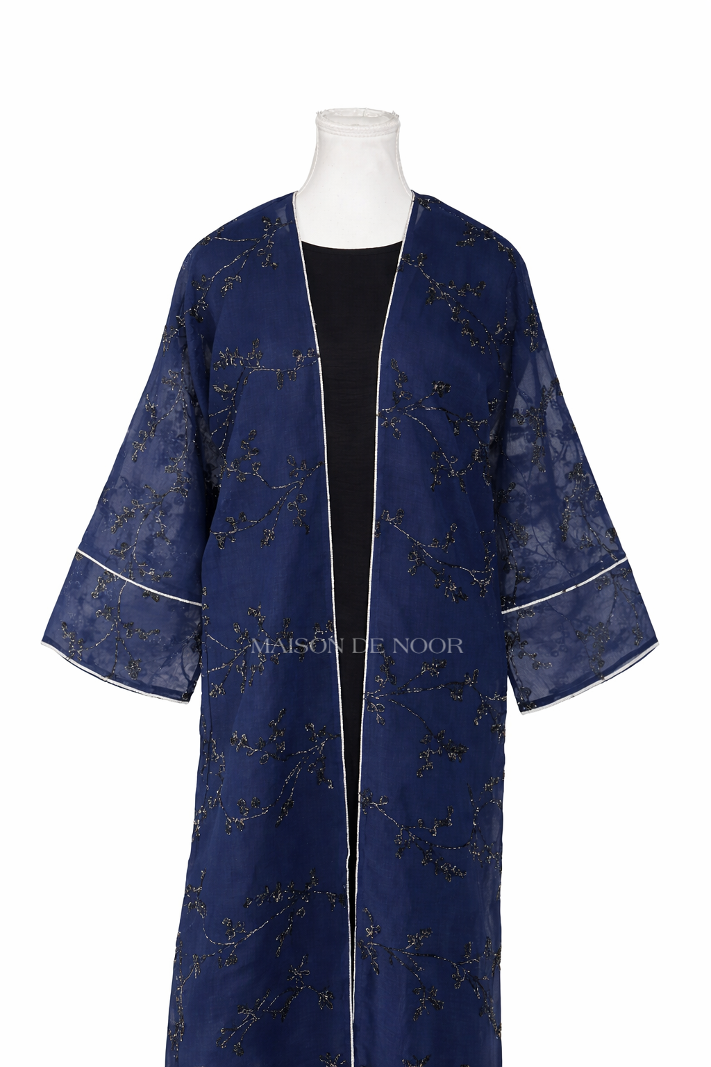Sheer Organza Vine Embroidered Open Abaya - Dark Blue