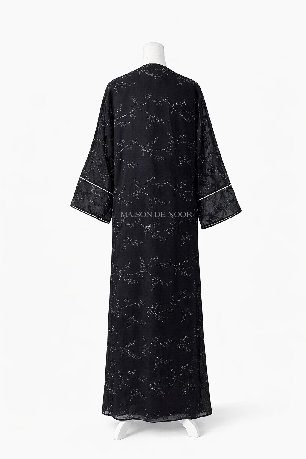 Sheer Organza Vine Embroidered Open Abaya - Black