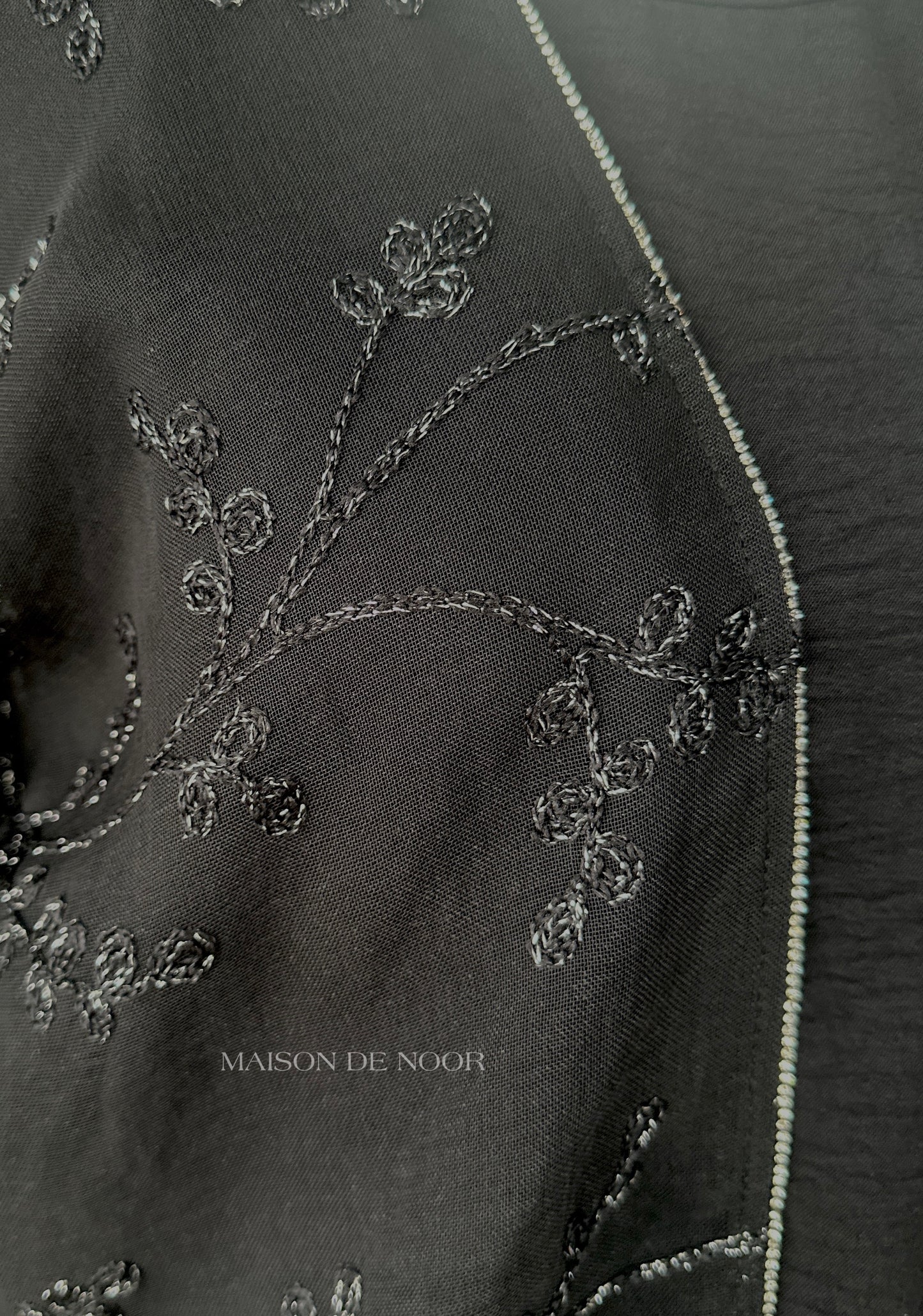Sheer Organza Vine Embroidered Open Abaya - Black