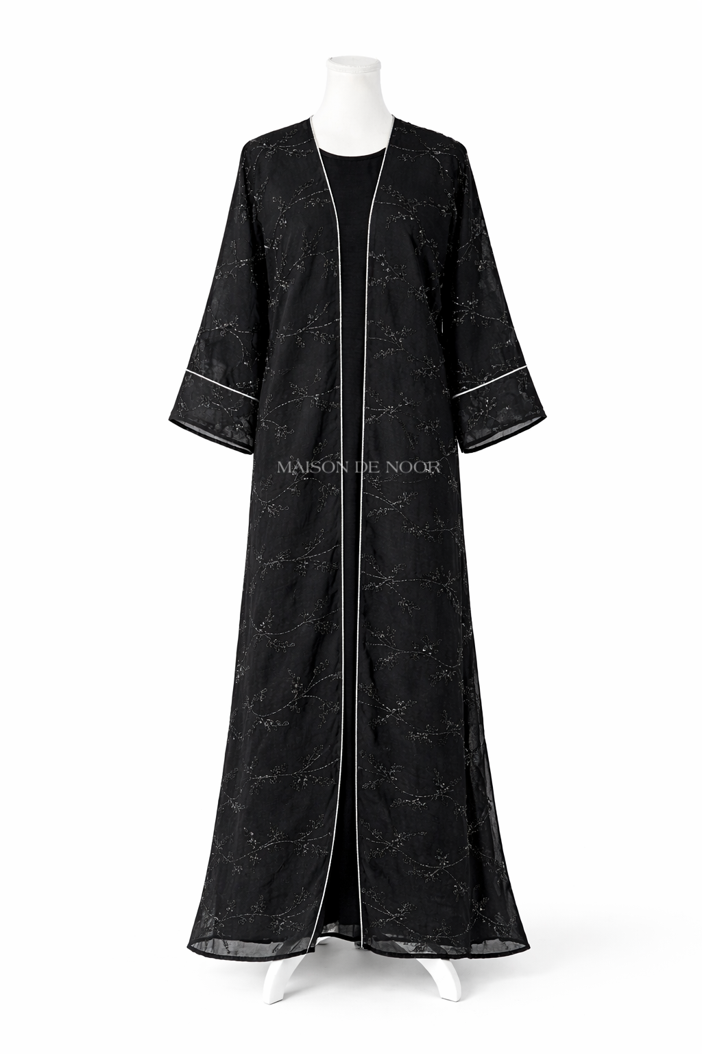 Sheer Organza Vine Embroidered Open Abaya - Black