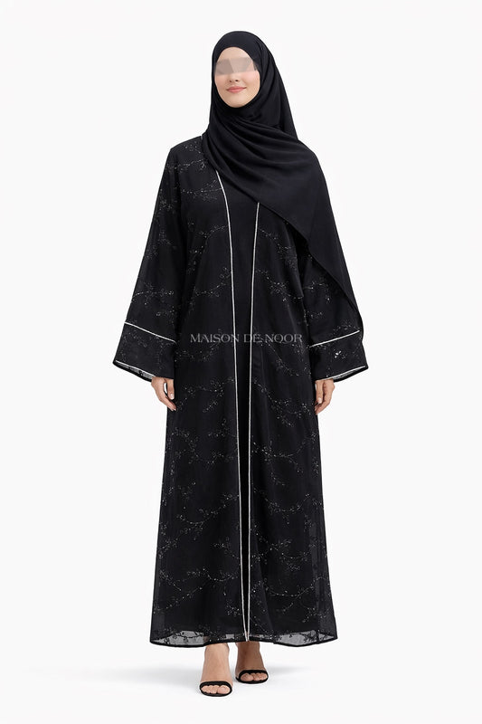 Sheer Organza Vine Embroidered Open Abaya - Black
