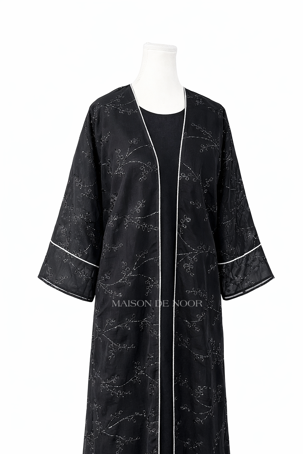 Sheer Organza Vine Embroidered Open Abaya - Black