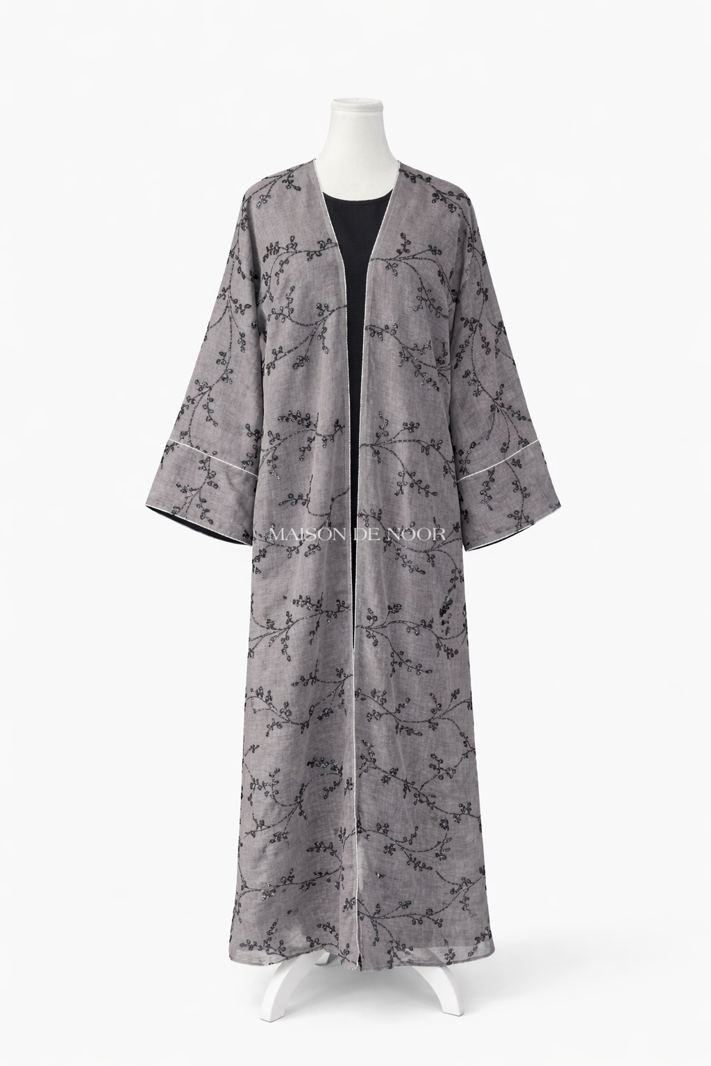 Sheer Organza Vine Embroidered Open Abaya - Grey