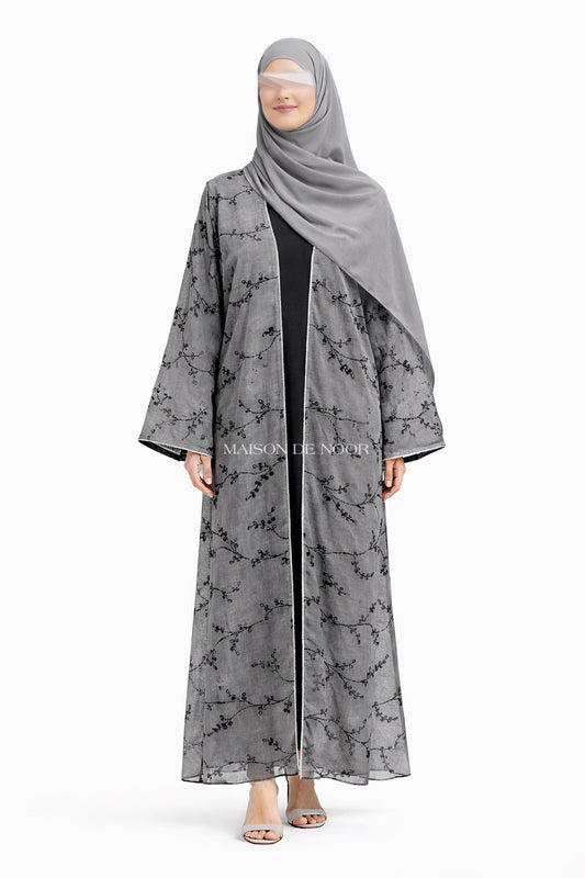 Sheer Organza Vine Embroidered Open Abaya - Grey