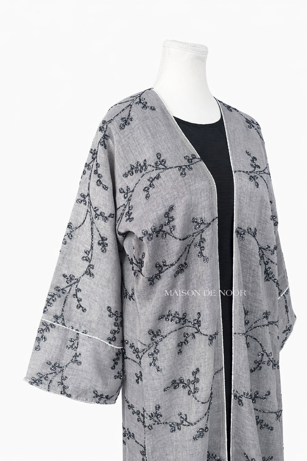 Sheer Organza Vine Embroidered Open Abaya - Grey